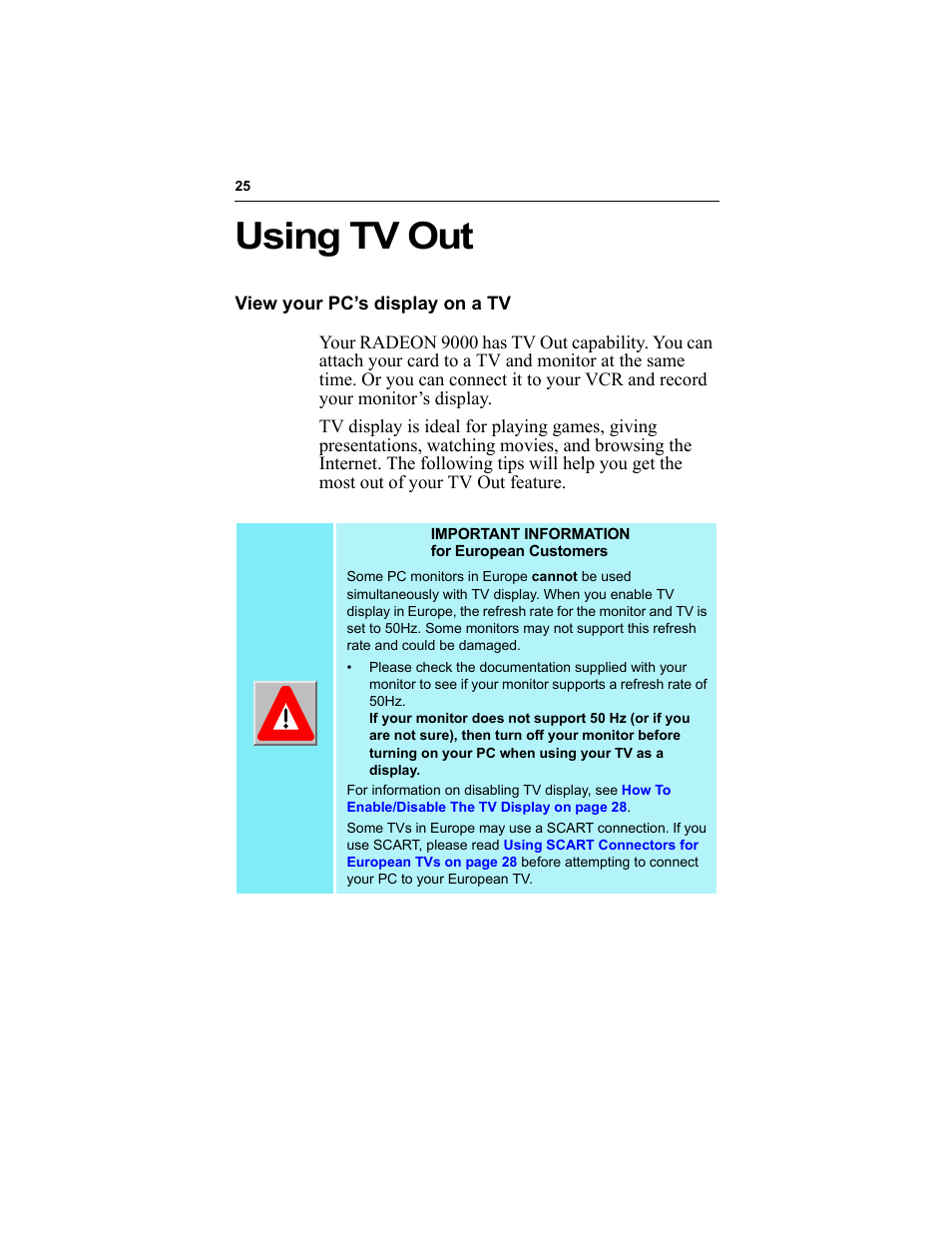 Using tv out, View your pc’s display on a tv | ATI Technologies RADEON 9000 User Manual | Page 29 / 36