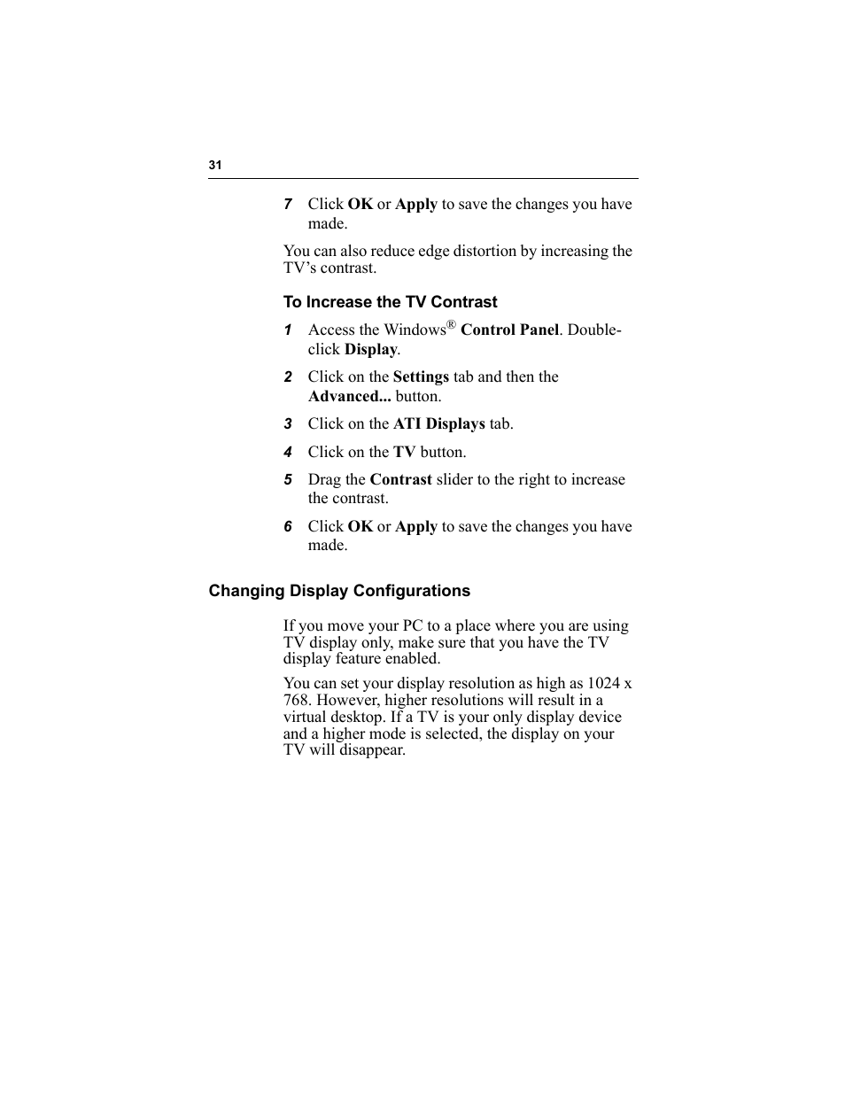 To increase the tv contrast, 3 click on the ati displays tab, 4 click on the tv button | Changing display configurations | ATI Technologies RADEON 9000 User Manual | Page 35 / 36