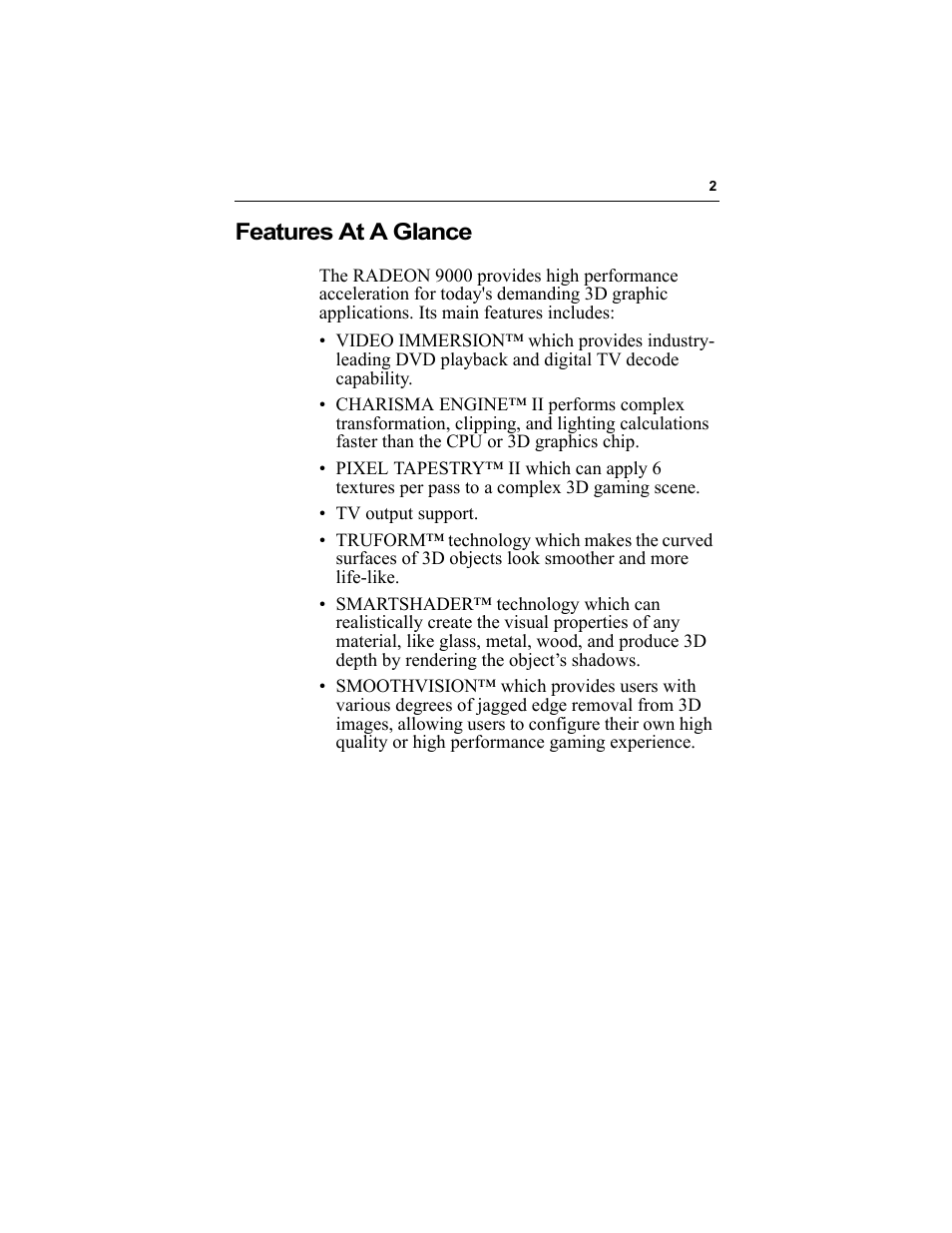 Features at a glance | ATI Technologies RADEON 9000 User Manual | Page 6 / 36