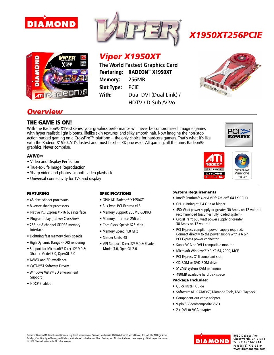 Diamond Multimedia Radeon X1950XT User Manual | 1 page