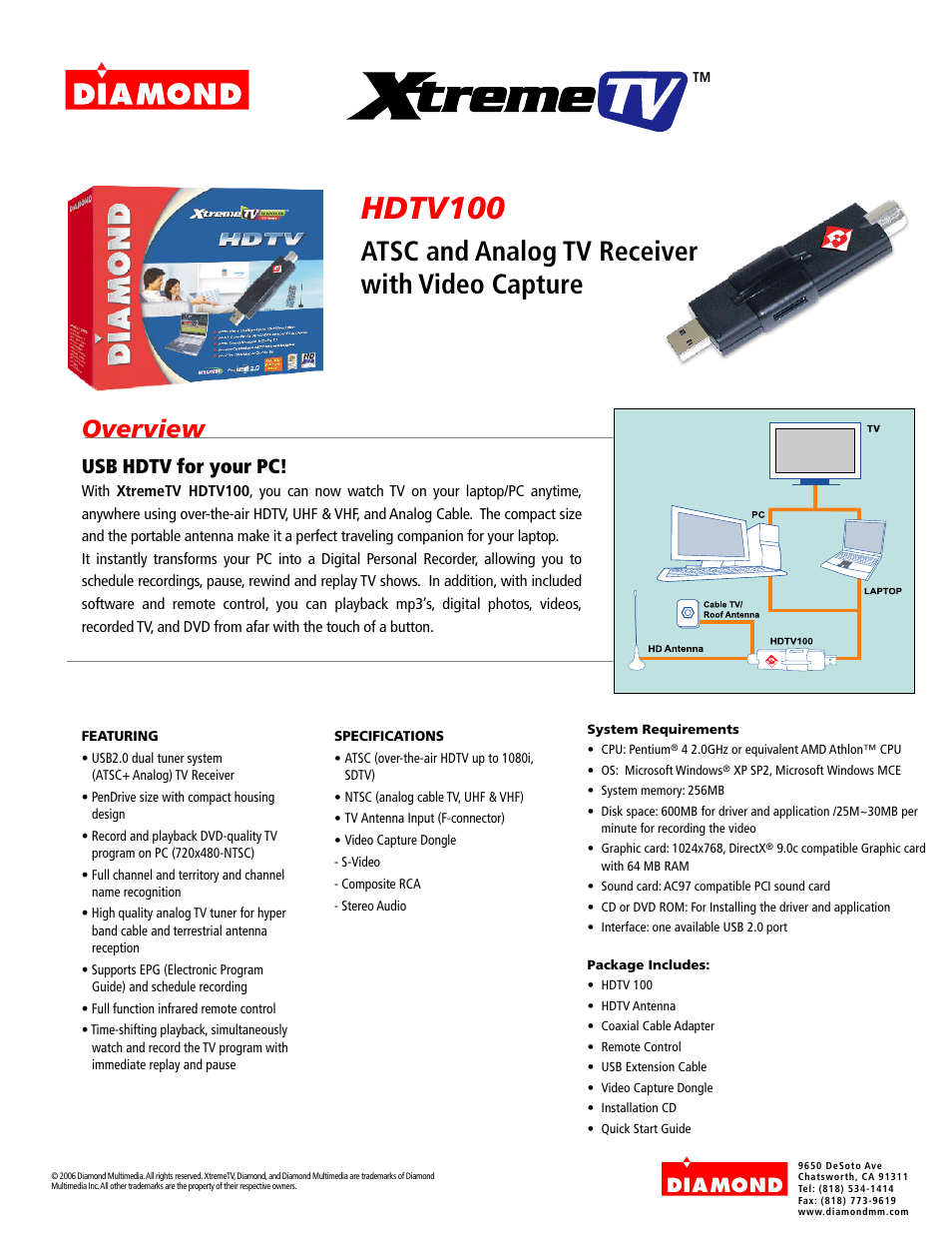 Diamond Multimedia XtremeTV HDTV100 User Manual | 1 page