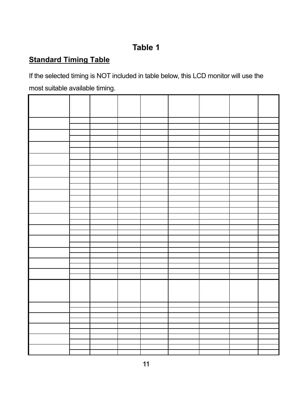 Standard timing table, Table 1 | Diamond Multimedia DV170J/JB User Manual | Page 15 / 27