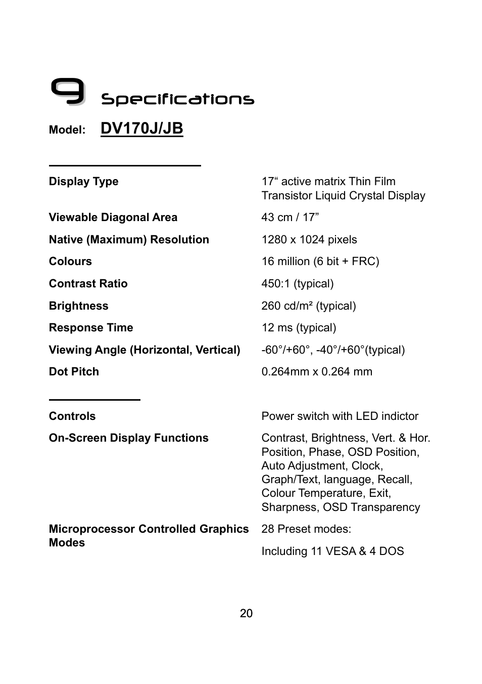 9 specifications, Specifications | Diamond Multimedia DV170J/JB User Manual | Page 24 / 27