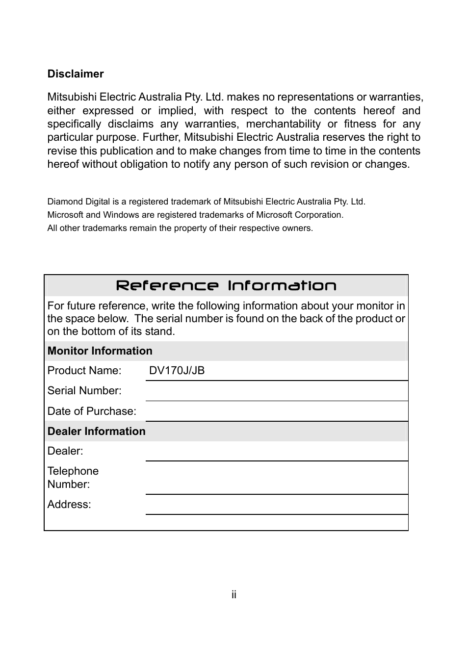 Reference information | Diamond Multimedia DV170J/JB User Manual | Page 4 / 27