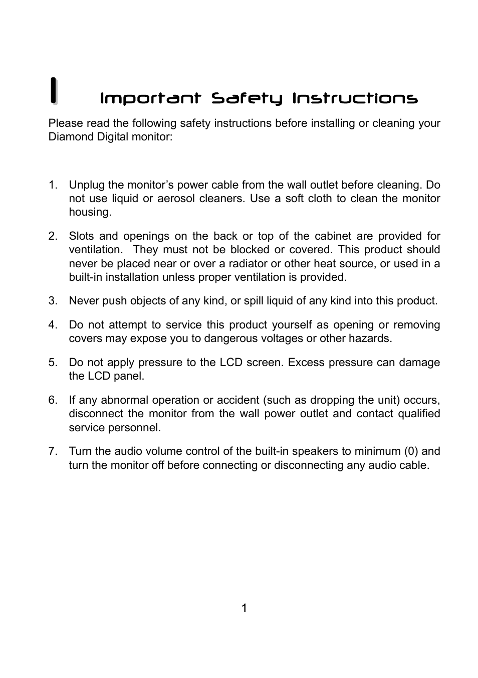 1 important safety instructions, Important, Safety instructions | Diamond Multimedia DV170J/JB User Manual | Page 5 / 27