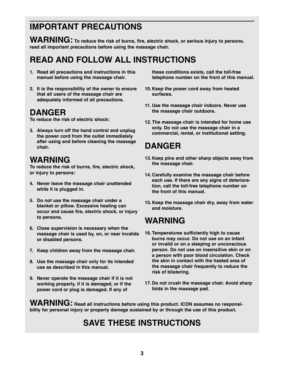 Important precautions warning, Read and follow all instructions, Danger | Warning, Save these instructions | Daybreak Fitness WLRX10170 User Manual | Page 3 / 12