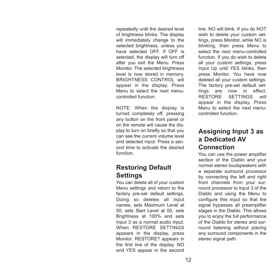 Restoring default settings, Assigning input 3 as a dedicated av connection | Gryphon Diablo User Manual | Page 12 / 18