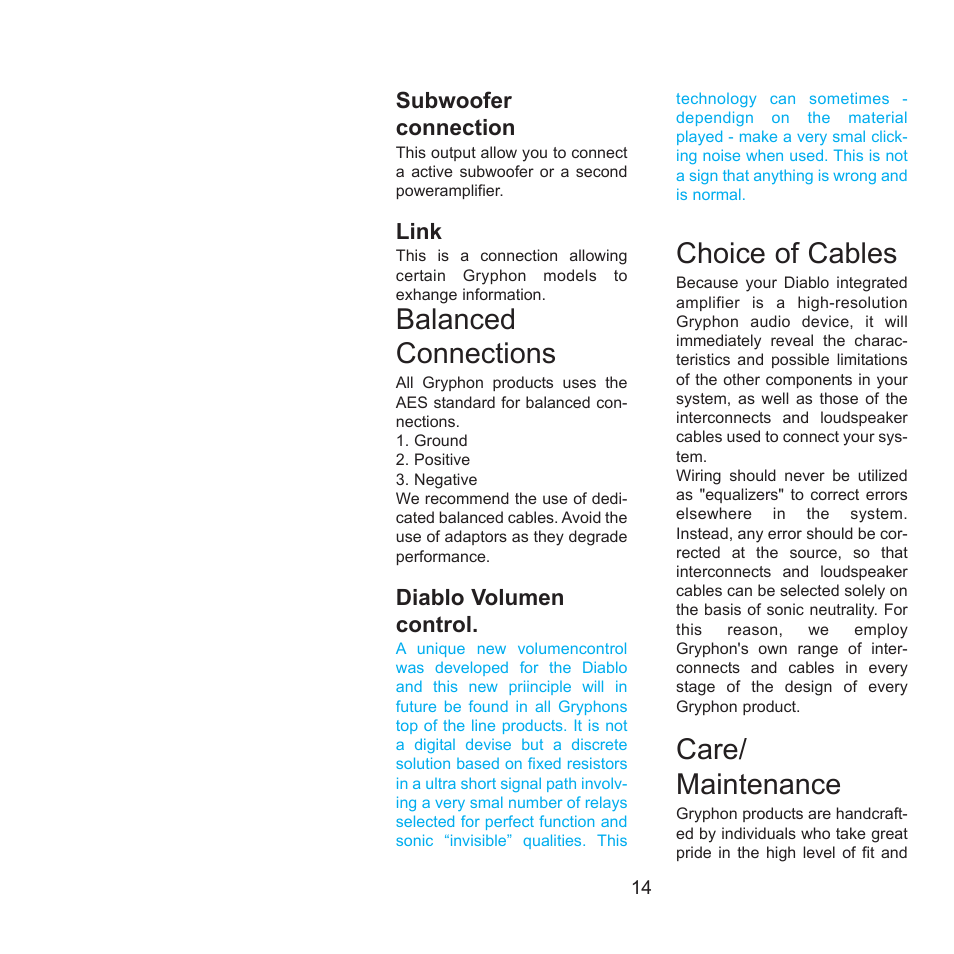 Balanced connections, Choice of cables, Care/ maintenance | Gryphon Diablo User Manual | Page 14 / 18