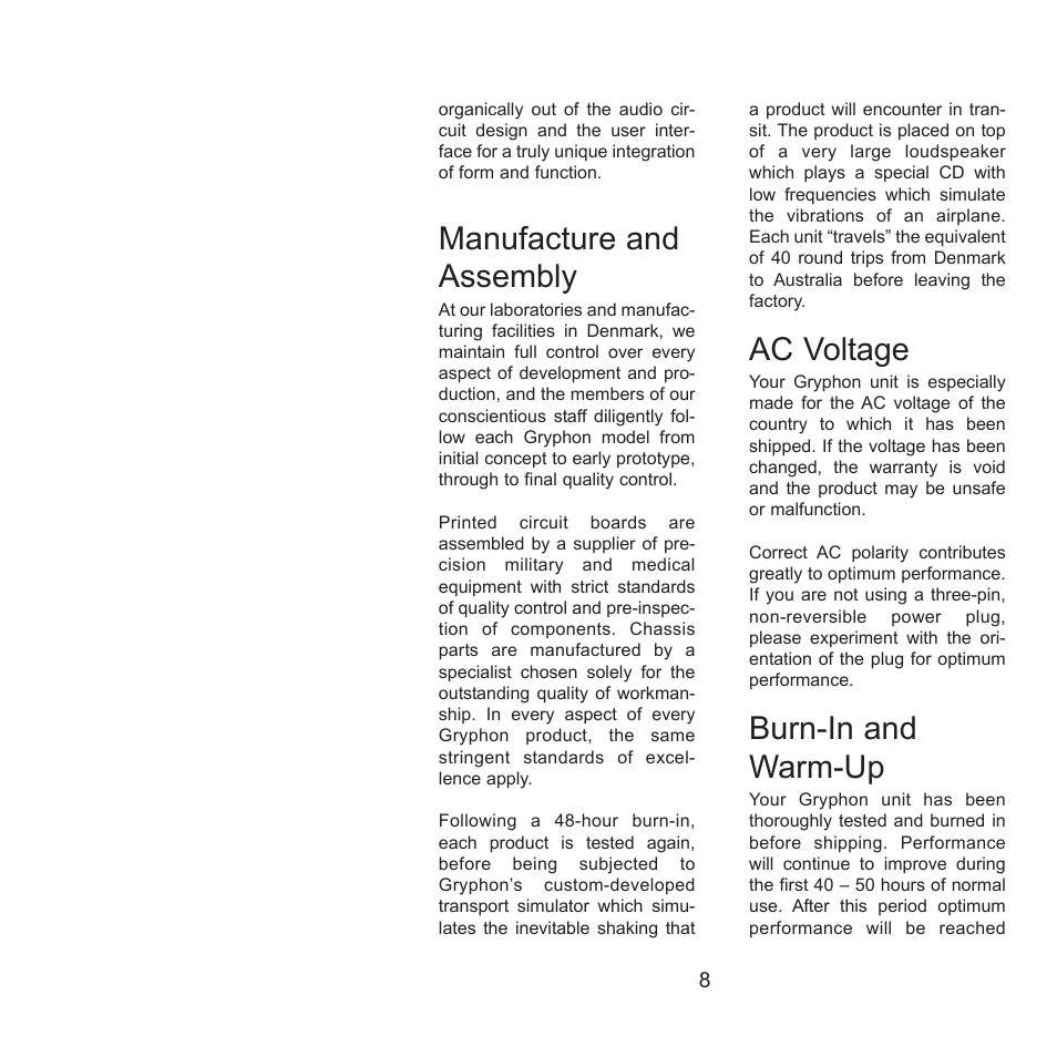 Manufacture and assembly, Ac voltage, Burn-in and warm-up | Gryphon Diablo User Manual | Page 8 / 18