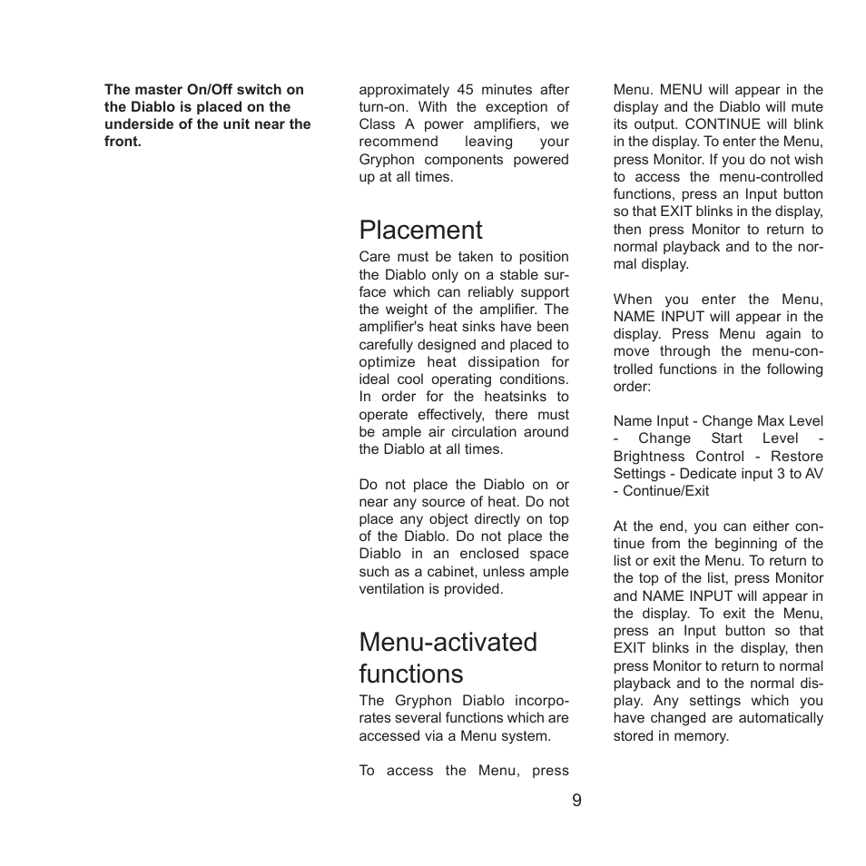 Placement, Menu-activated functions | Gryphon Diablo User Manual | Page 9 / 18