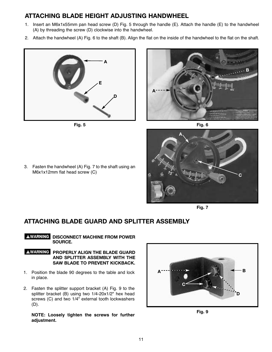Attaching blade height adjusting handwheel, Attaching blade guard and splitter assembly | Draytek SHOPMASTER SM200L User Manual | Page 11 / 77