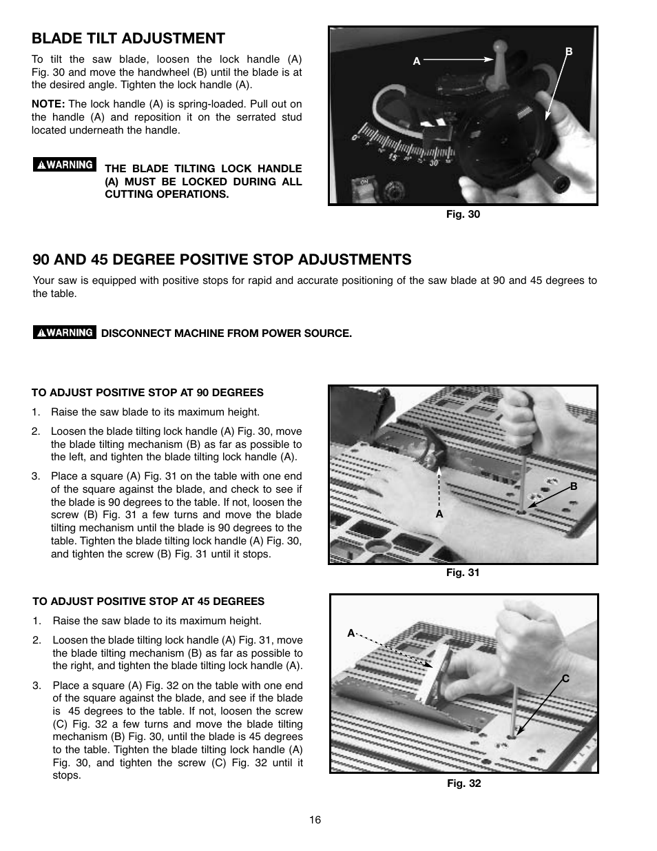 Blade tilt adjustment, 90 and 45 degree positive stop adjustments | Draytek SHOPMASTER SM200L User Manual | Page 16 / 77