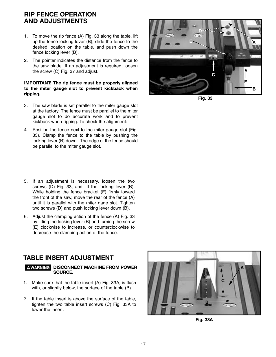 Rip fence operation and adjustments, Table insert adjustment | Draytek SHOPMASTER SM200L User Manual | Page 17 / 77
