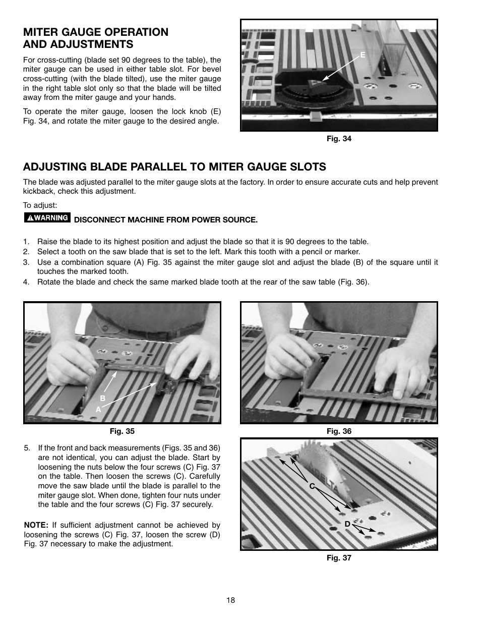 Miter gauge operation and adjustments, Adjusting blade parallel to miter gauge slots | Draytek SHOPMASTER SM200L User Manual | Page 18 / 77