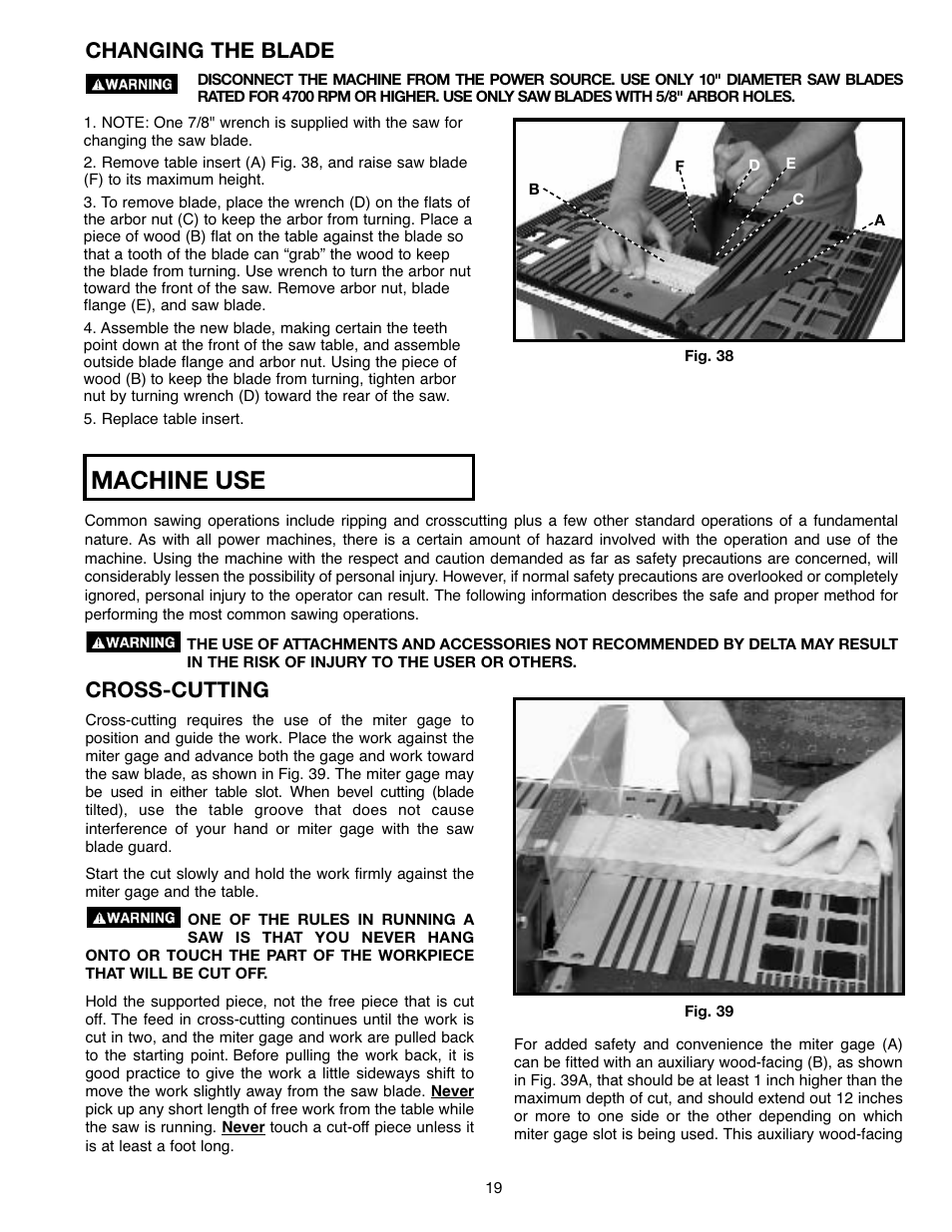 Machine use, Changing the blade, Cross-cutting | Draytek SHOPMASTER SM200L User Manual | Page 19 / 77