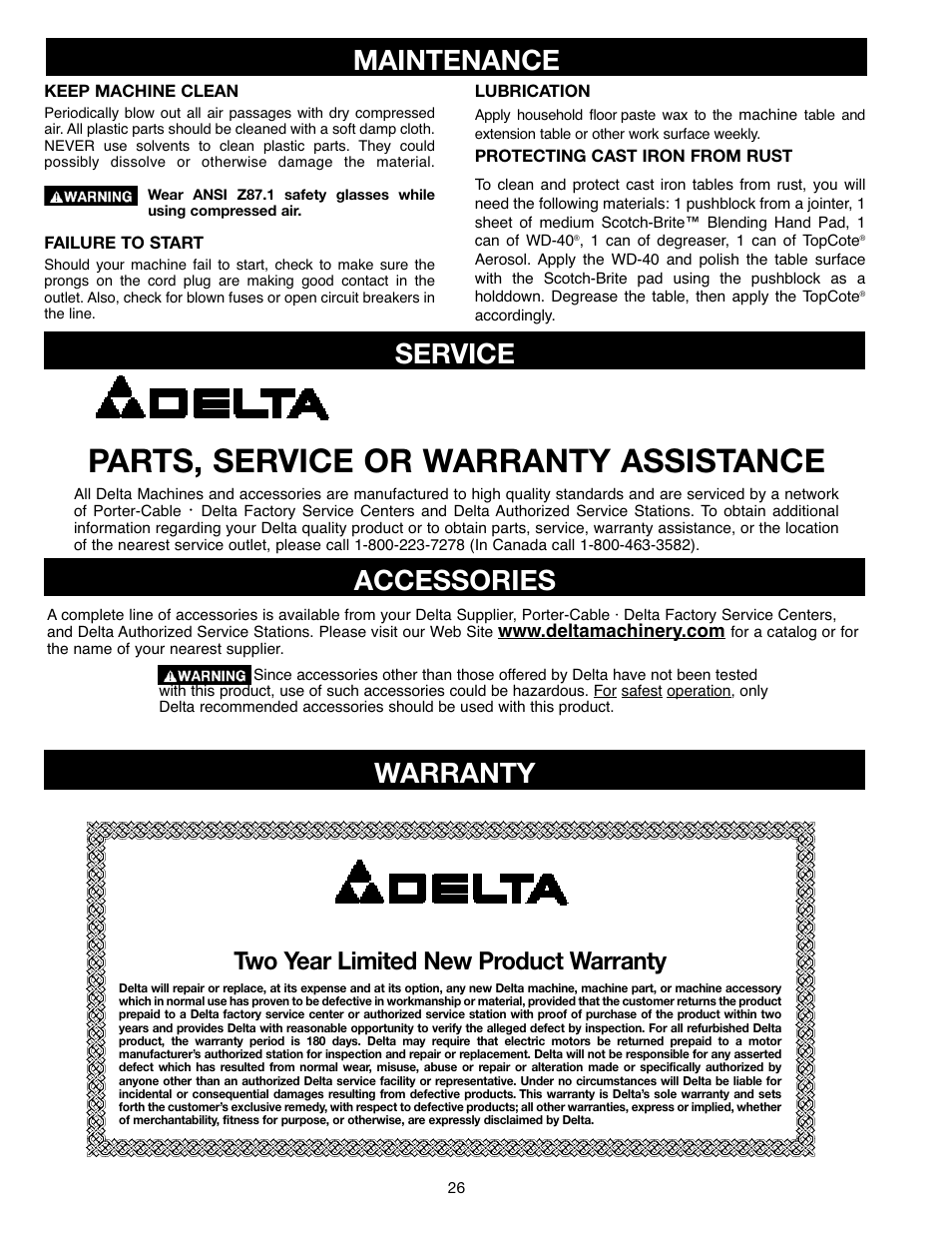Parts, service or warranty assistance, Maintenance, Accessories | Service warranty, Two year limited new product warranty | Draytek SHOPMASTER SM200L User Manual | Page 26 / 77