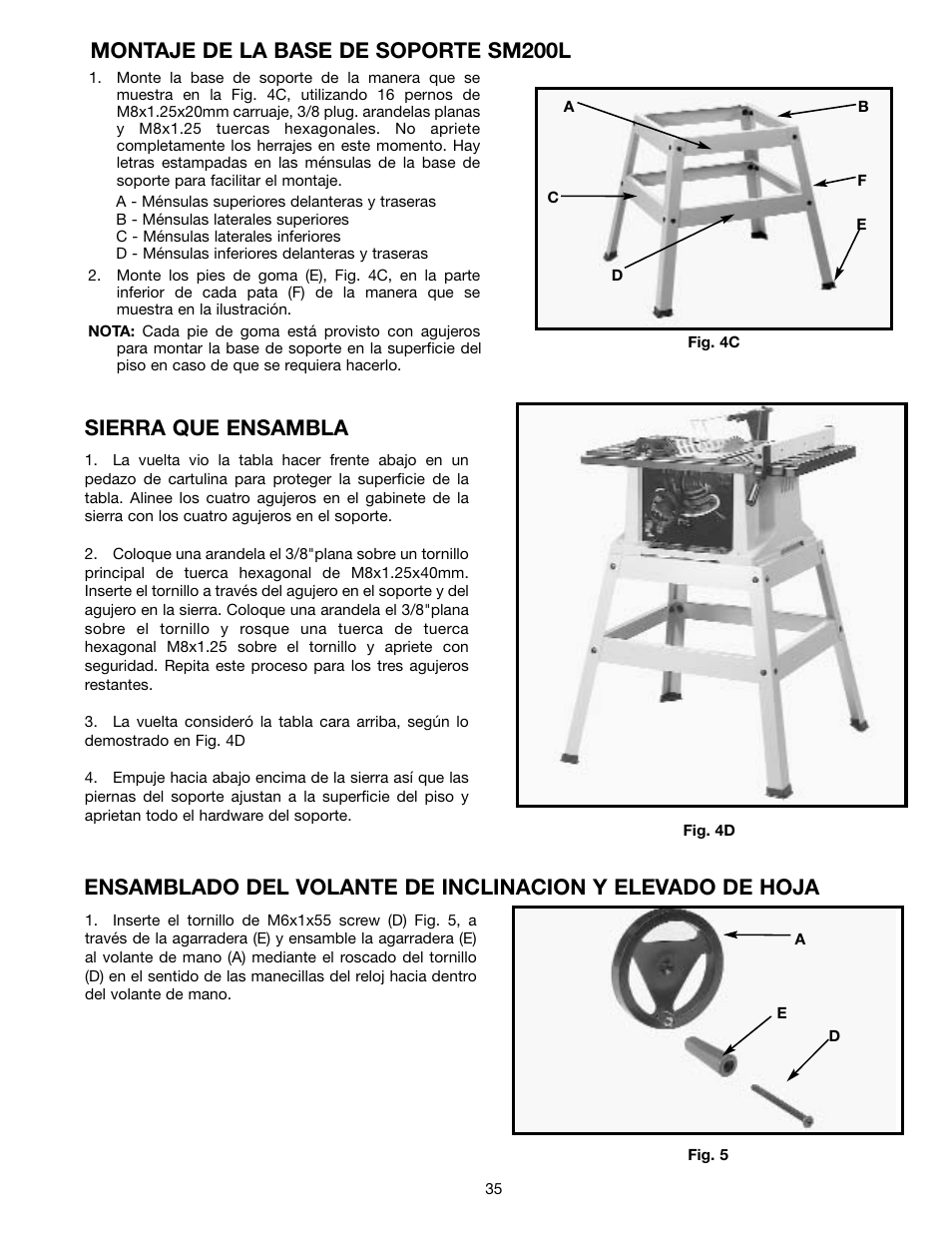 Montaje de la base de soporte sm200l, Sierra que ensambla | Draytek SHOPMASTER SM200L User Manual | Page 35 / 77