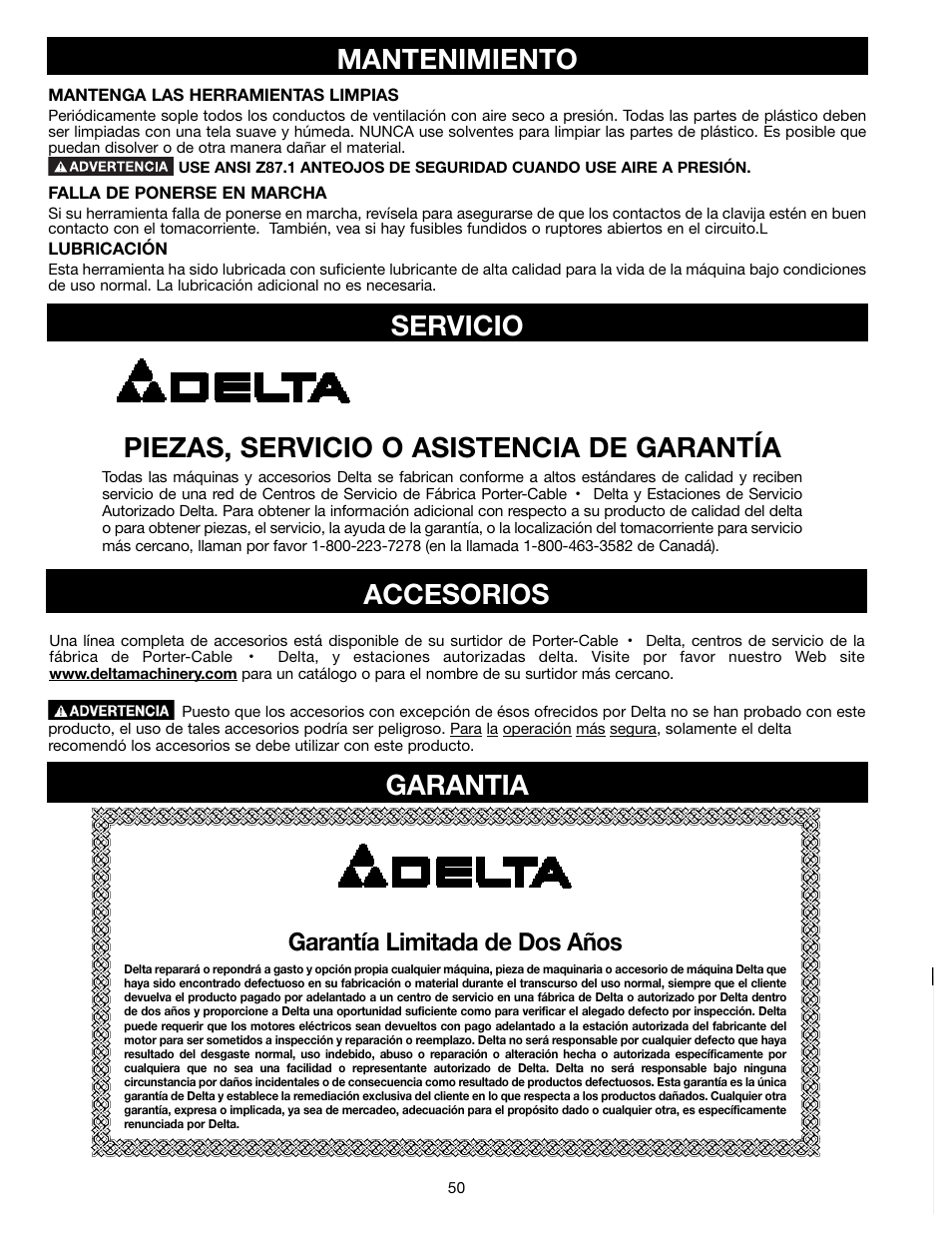 Mantenimiento, Servicio piezas, servicio o asistencia de garantía, Garantia | Accesorios, Garantía limitada de dos años | Draytek SHOPMASTER SM200L User Manual | Page 50 / 77