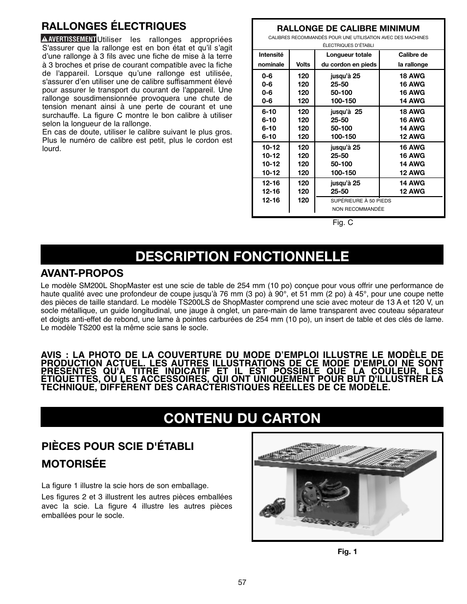 Description fonctionnelle, Contenu du carton, Avant-propos | Rallonges électriques, Pièces pour scie d'établi motorisée | Draytek SHOPMASTER SM200L User Manual | Page 57 / 77