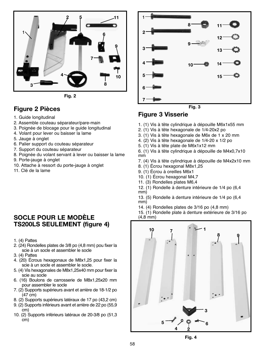 Socle pour le modèle ts200ls seulement (figure 4), Figure 2 pièces, Figure 3 visserie | Draytek SHOPMASTER SM200L User Manual | Page 58 / 77