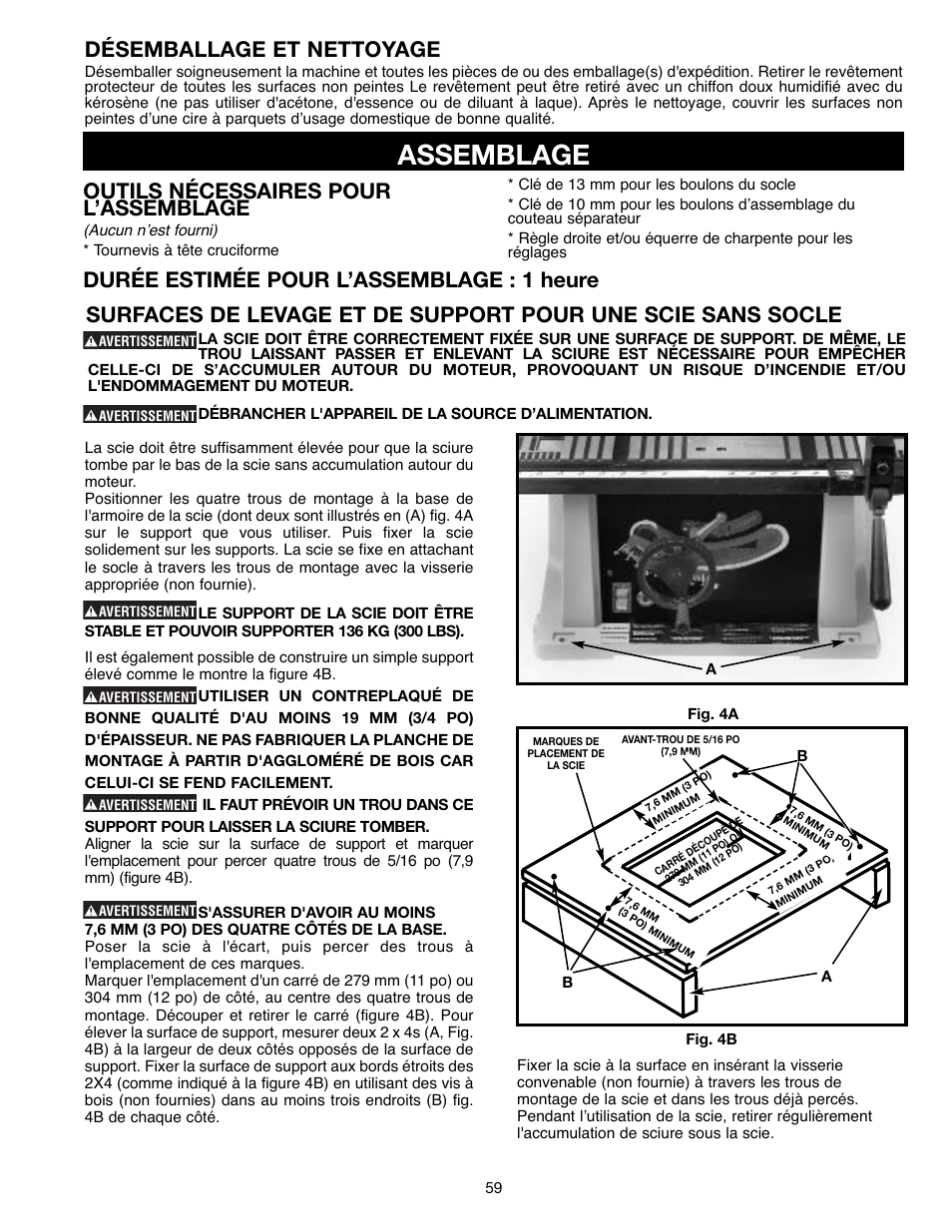 Assemblage, Désemballage et nettoyage, Outils nécessaires pour l’assemblage | Durée estimée pour l’assemblage : 1 heure | Draytek SHOPMASTER SM200L User Manual | Page 59 / 77