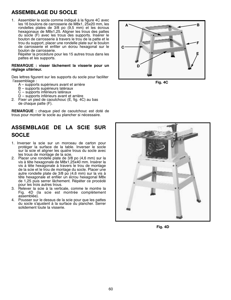 Assemblage du socle, Assemblage de la scie sur socle | Draytek SHOPMASTER SM200L User Manual | Page 60 / 77