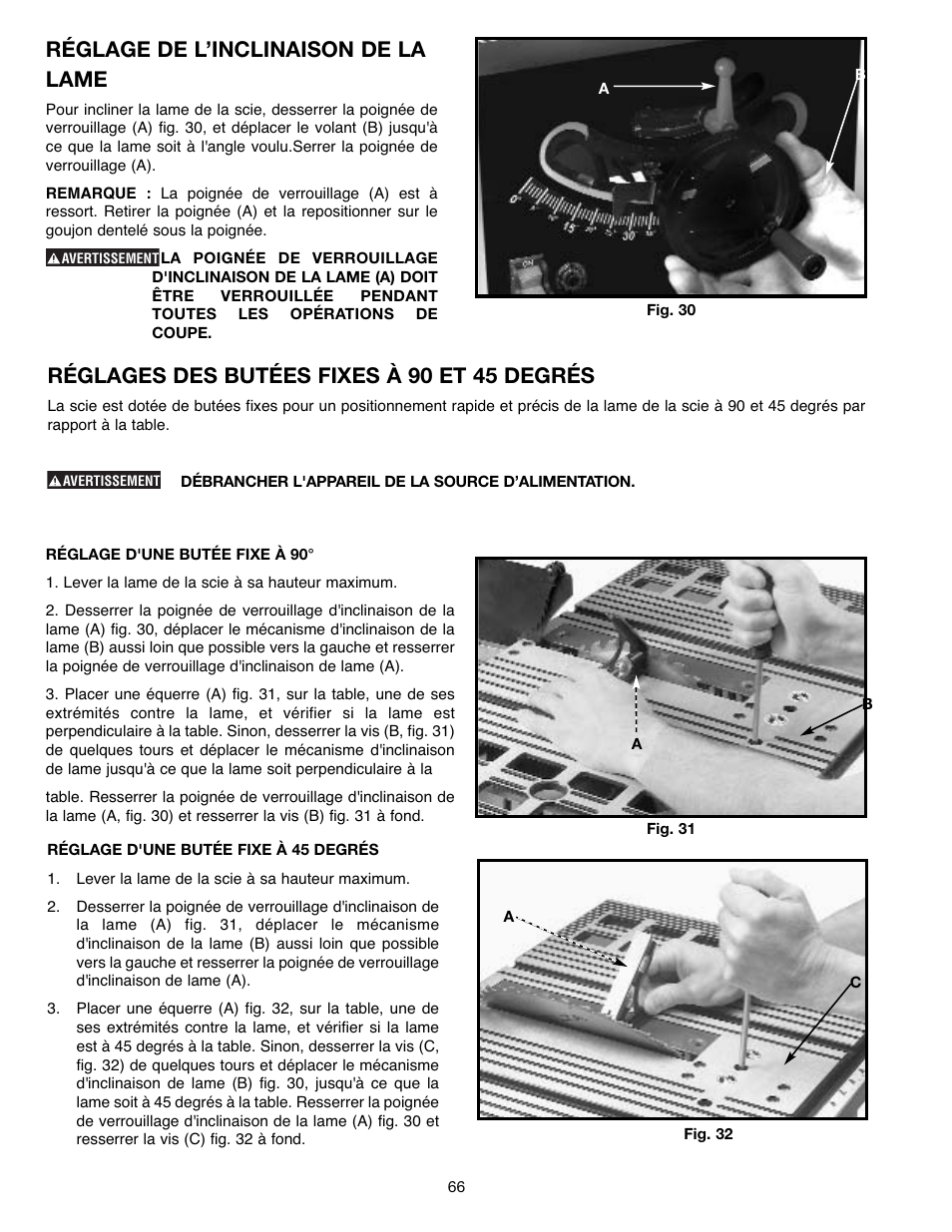 Réglage de l’inclinaison de la lame, Réglages des butées fixes à 90 et 45 degrés | Draytek SHOPMASTER SM200L User Manual | Page 66 / 77