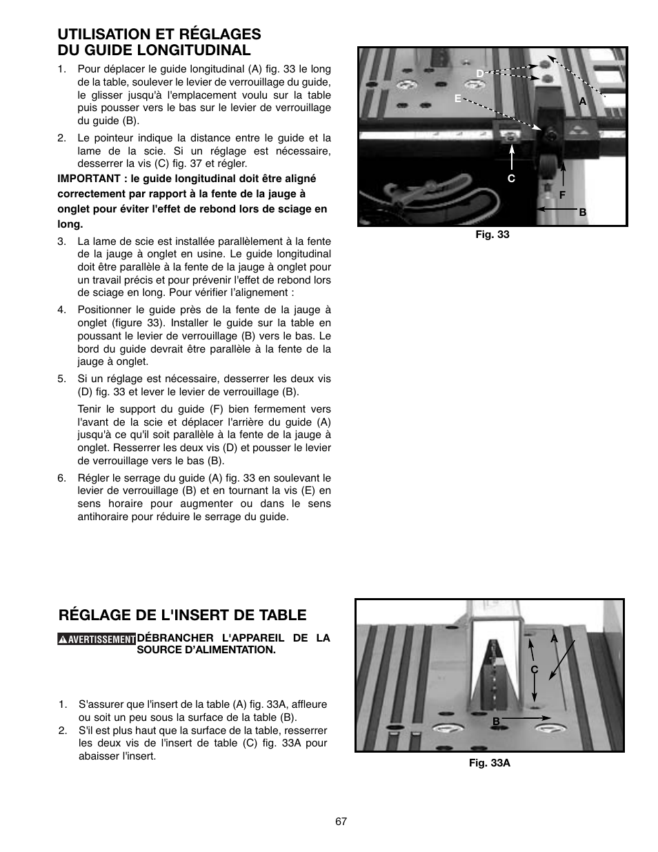 Utilisation et réglages du guide longitudinal, Réglage de l'insert de table | Draytek SHOPMASTER SM200L User Manual | Page 67 / 77