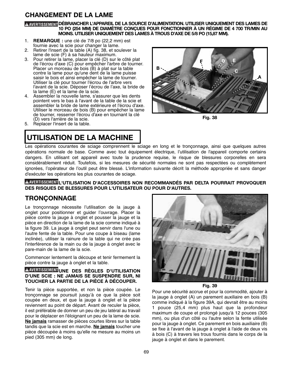 Utilisation de la machine, Changement de la lame, Tronçonnage | Draytek SHOPMASTER SM200L User Manual | Page 69 / 77