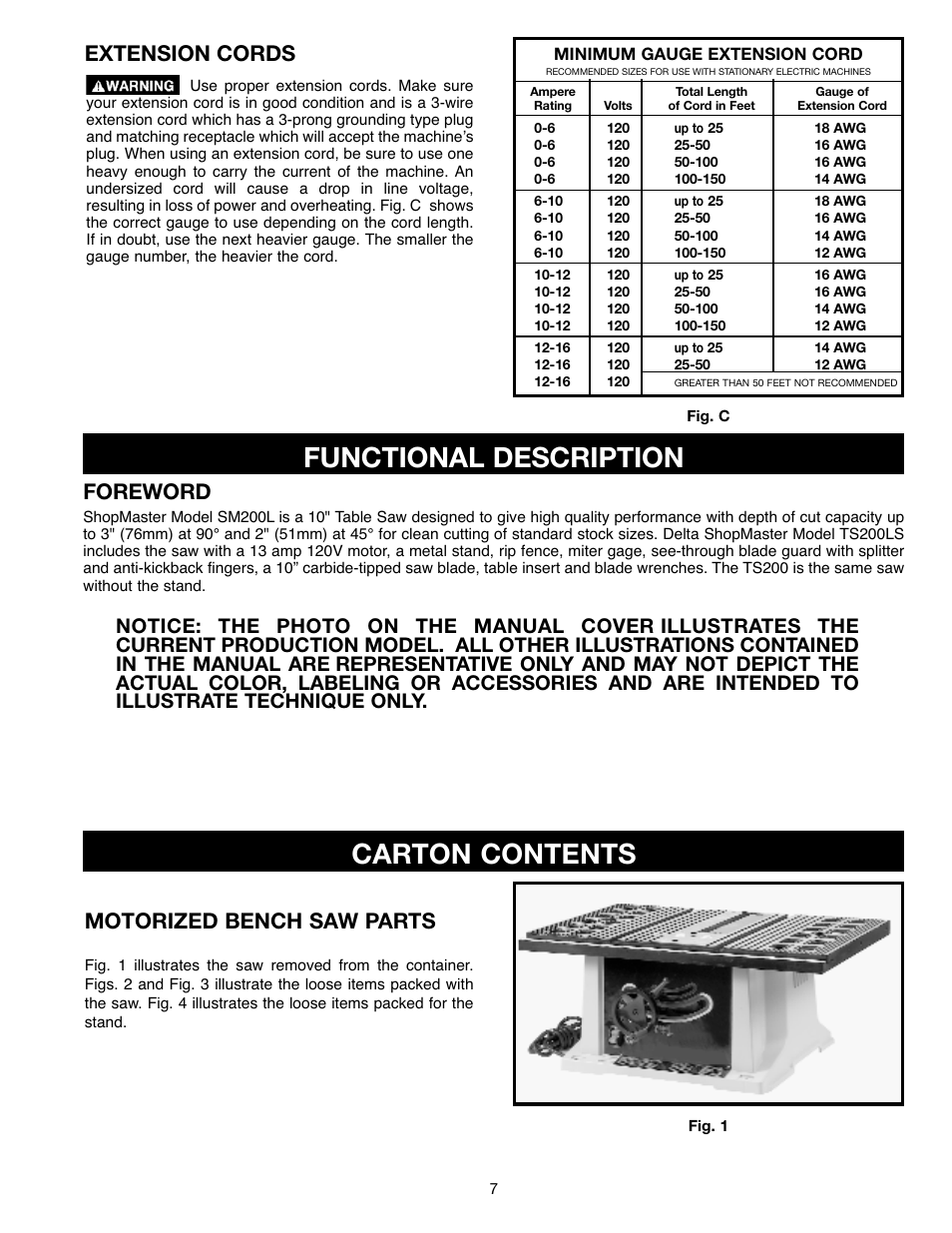 Functional description, Carton contents, Foreword | Extension cords, Motorized bench saw parts | Draytek SHOPMASTER SM200L User Manual | Page 7 / 77