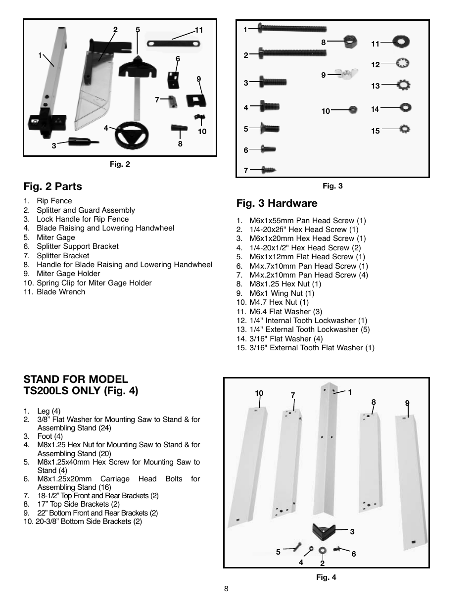 Stand for model ts200ls only (fig. 4), Fig. 2 parts, Fig. 3 hardware | Draytek SHOPMASTER SM200L User Manual | Page 8 / 77