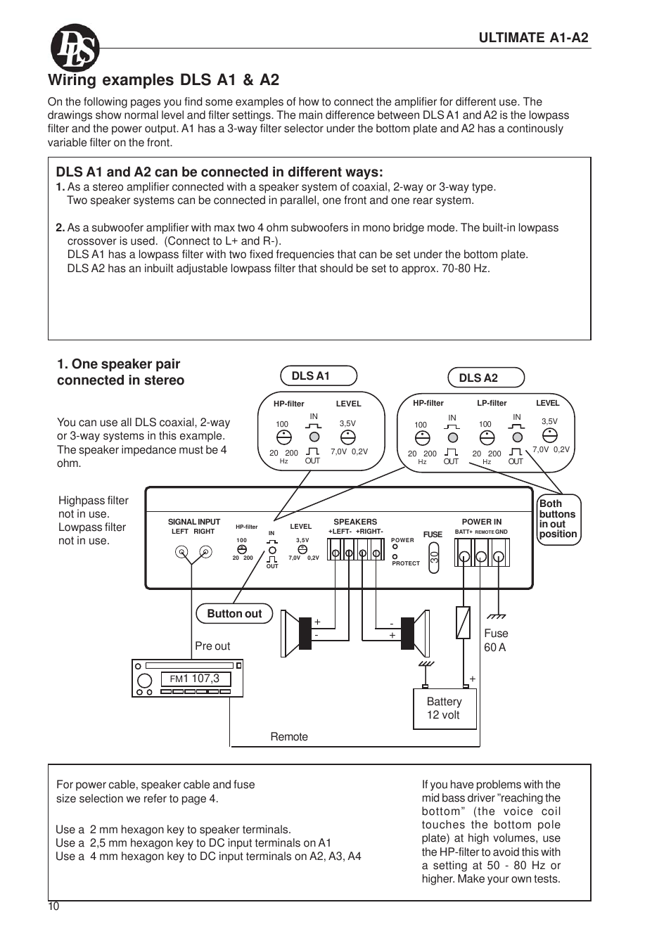 Wiring examples dls a1 & a2, Dls a1 and a2 can be connected in different ways, One speaker pair connected in stereo | Ultimate a1-a2, Button out, Dls a1 dls a2 | DLS Svenska AB A1 User Manual | Page 10 / 28