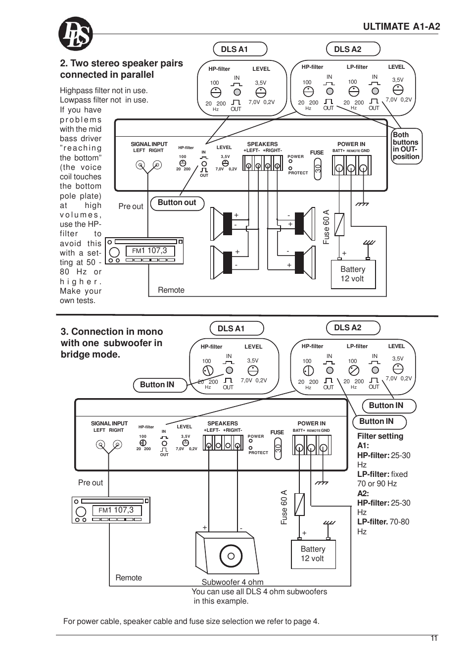 Ultimate a1-a2, Remote pre out, Fuse 60 a button out | Dls a1 dls a2, Button in, Dls a1 button in | DLS Svenska AB A1 User Manual | Page 11 / 28
