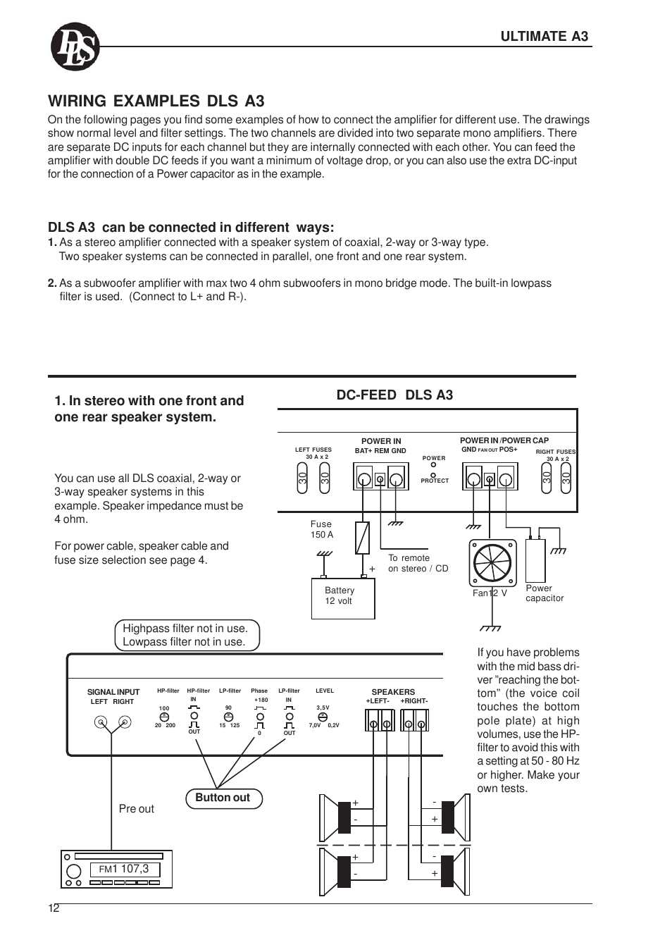 Wiring examples dls a3, Dls a3 can be connected in different ways, Dc-feed dls a3 | Ultimate a3, Button out | DLS Svenska AB A1 User Manual | Page 12 / 28
