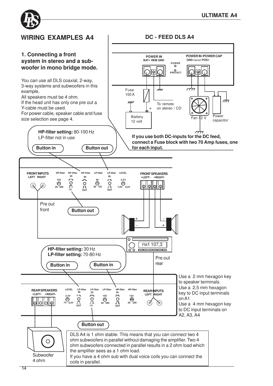 Wiring examples a4, Dc - feed dls a4, Ultimate a4 | DLS Svenska AB A1 User Manual | Page 14 / 28