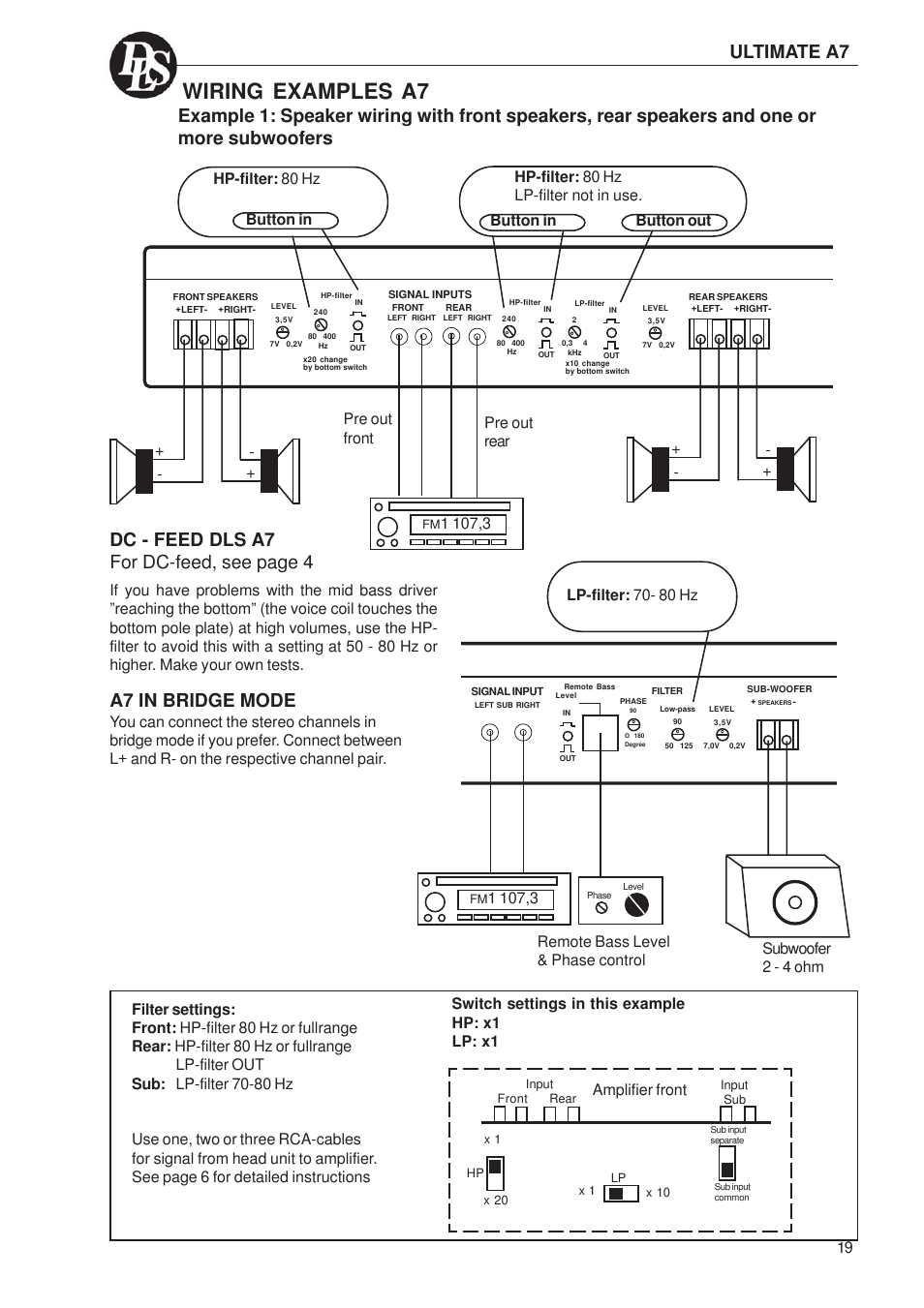 Wiring examples a7, Dc - feed dls a7 for dc-feed, see page 4, A7 in bridge mode | Amplifier front, Switch settings in this example hp: x1 lp: x1 | DLS Svenska AB A1 User Manual | Page 19 / 28