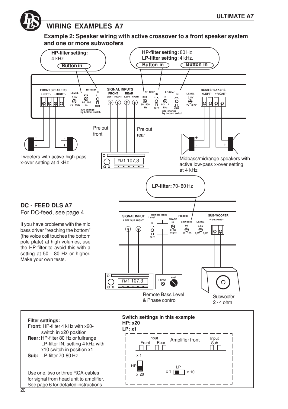 Wiring examples a7, Ultimate a7, Dc - feed dls a7 for dc-feed, see page 4 | Amplifier front | DLS Svenska AB A1 User Manual | Page 20 / 28