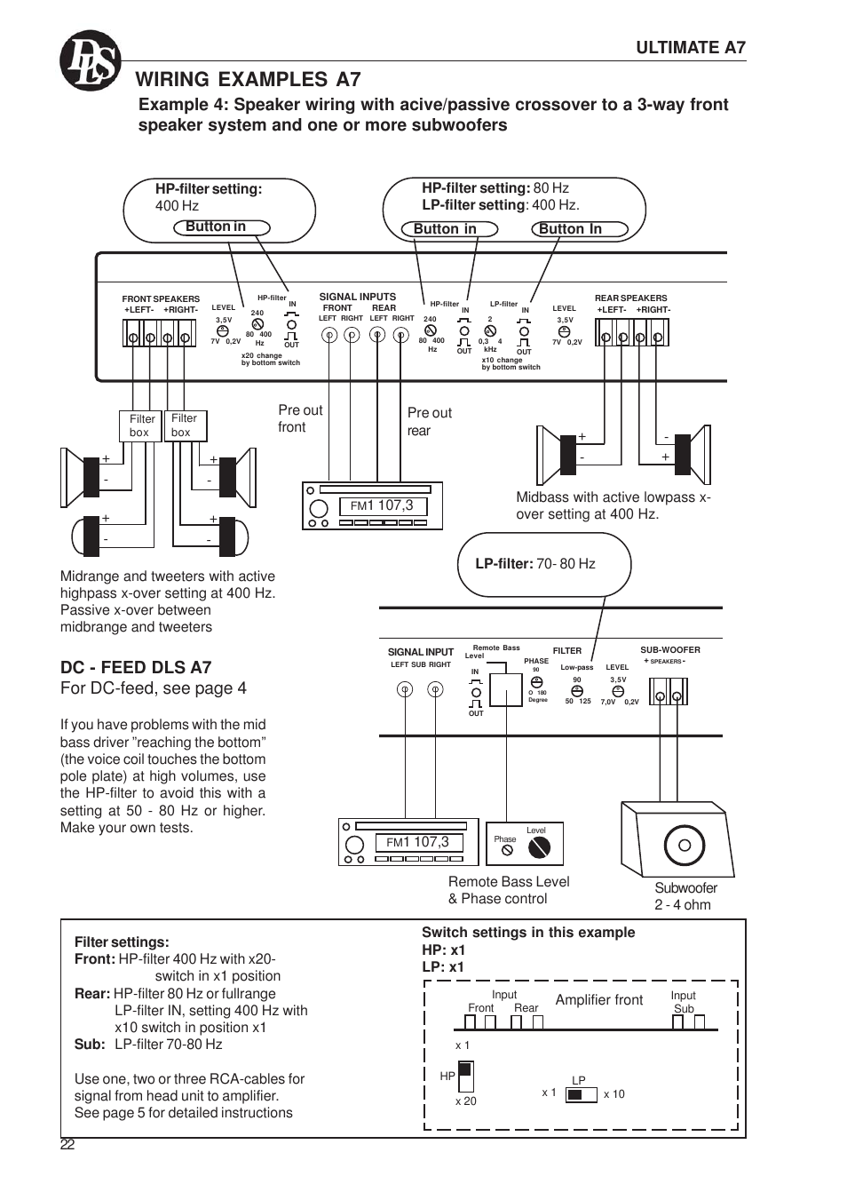 Wiring examples a7, Ultimate a7, Dc - feed dls a7 for dc-feed, see page 4 | DLS Svenska AB A1 User Manual | Page 22 / 28
