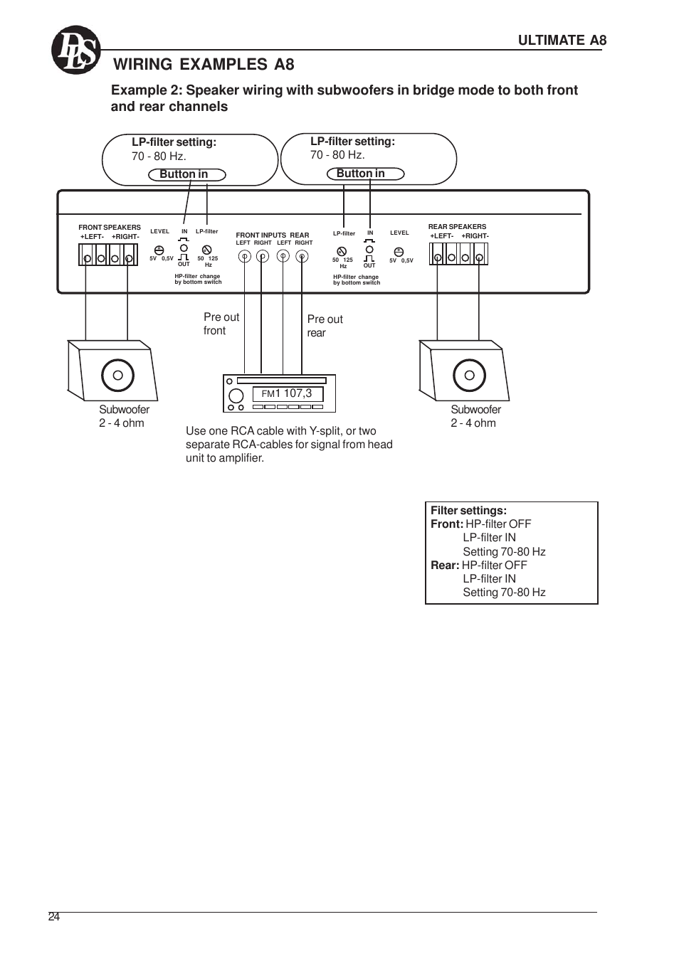 Wiring examples a8, Subwoofer 2 - 4 ohm | DLS Svenska AB A1 User Manual | Page 24 / 28