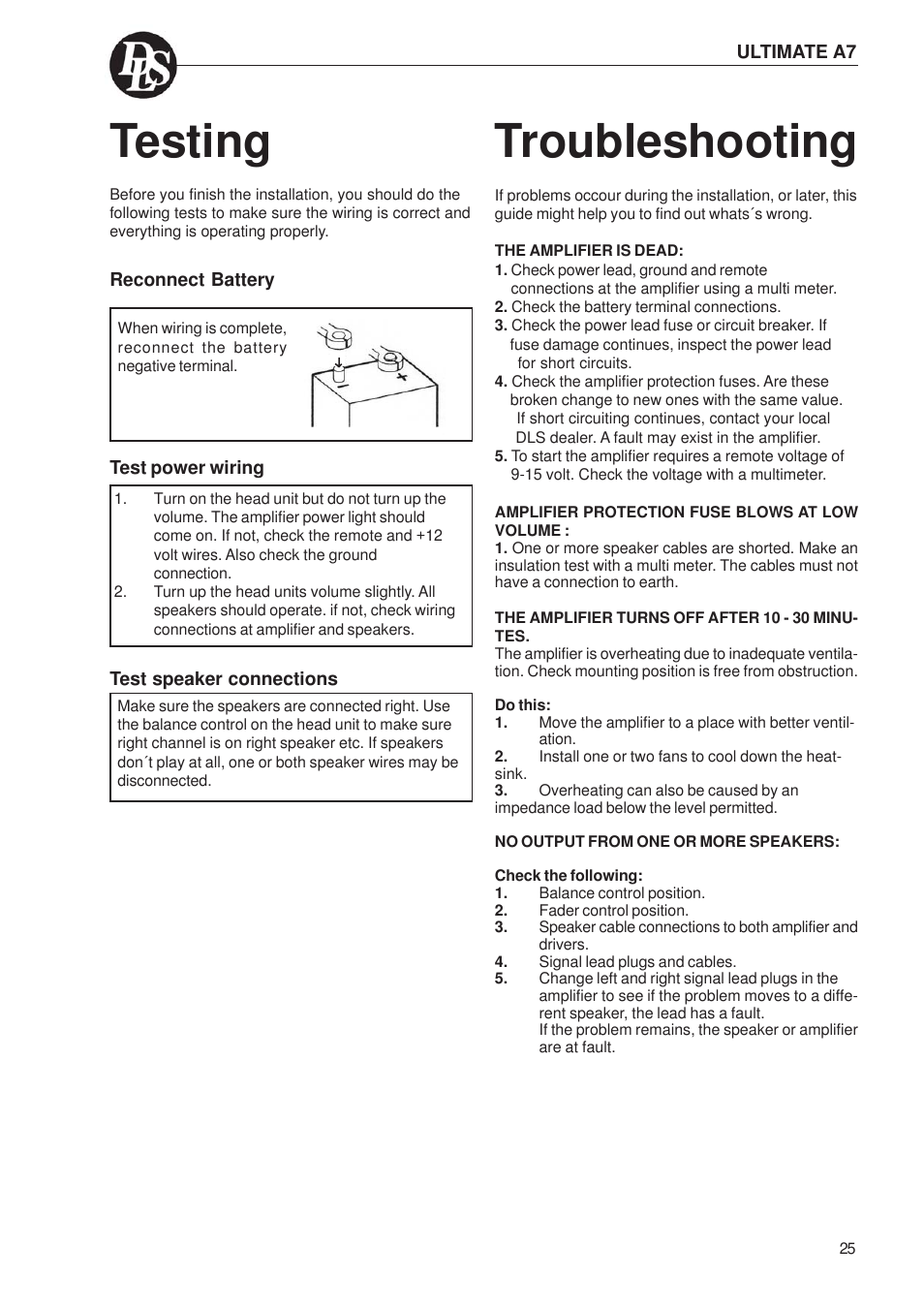 Testing, Troubleshooting | DLS Svenska AB A1 User Manual | Page 25 / 28