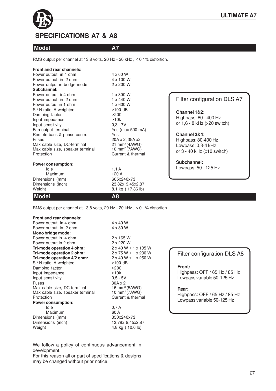 Specifications a7 & a8, Ultimate a7 model a7, Filter configuration dls a7 | Model a8, Filter configuration dls a8 | DLS Svenska AB A1 User Manual | Page 27 / 28