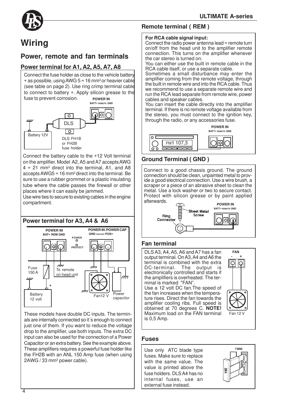 Wiring, Power, remote and fan terminals, Power terminal for a3, a4 & a6 | Ground terminal ( gnd ), Fuses, Fan terminal | DLS Svenska AB A1 User Manual | Page 4 / 28