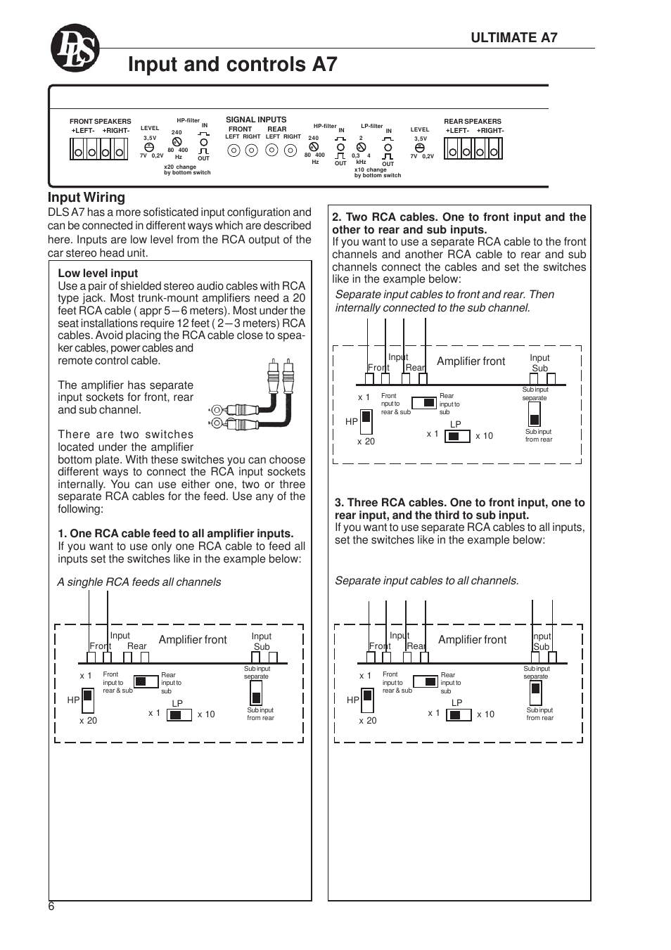 Input and controls a7, Input wiring, Ultimate a7 | Amplifier front, Separate input cables to all channels | DLS Svenska AB A1 User Manual | Page 6 / 28