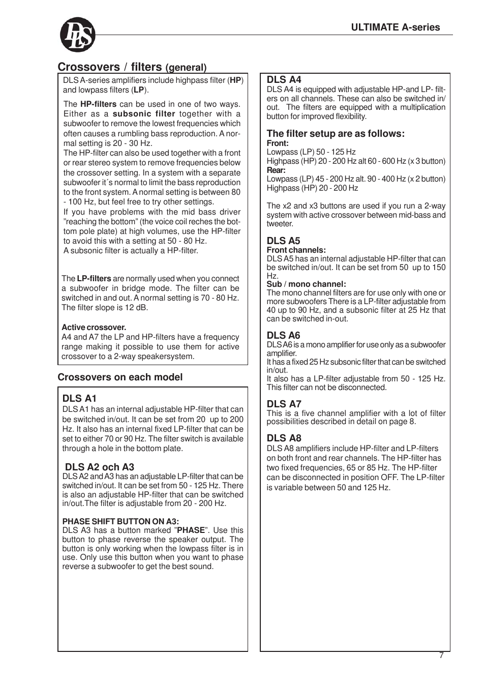 Crossovers / filters | DLS Svenska AB A1 User Manual | Page 7 / 28