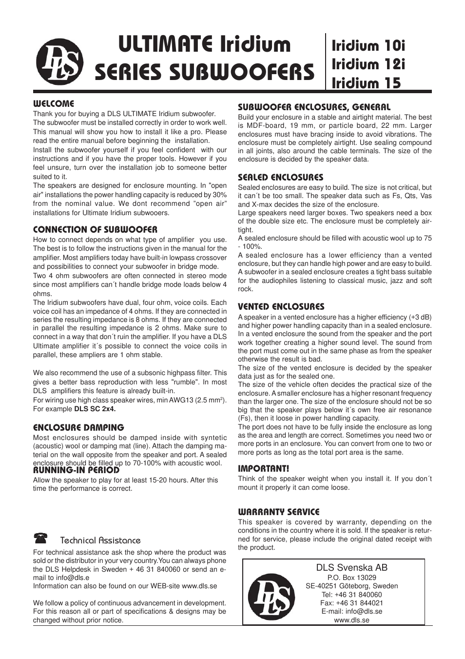 DLS Svenska AB IRIDIUM 15 User Manual | 4 pages