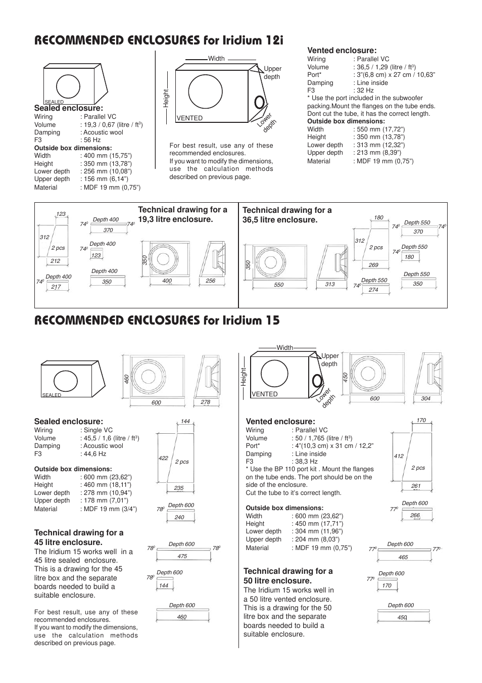 Recommended enclosures for iridium 12i, Recommended enclosures for iridium 15, Sealed enclosure | Technical drawing for a 19,3 litre enclosure, Technical drawing for a 45 litre enclosure, Vented enclosure, Technical drawing for a 50 litre enclosure | DLS Svenska AB IRIDIUM 15 User Manual | Page 4 / 4