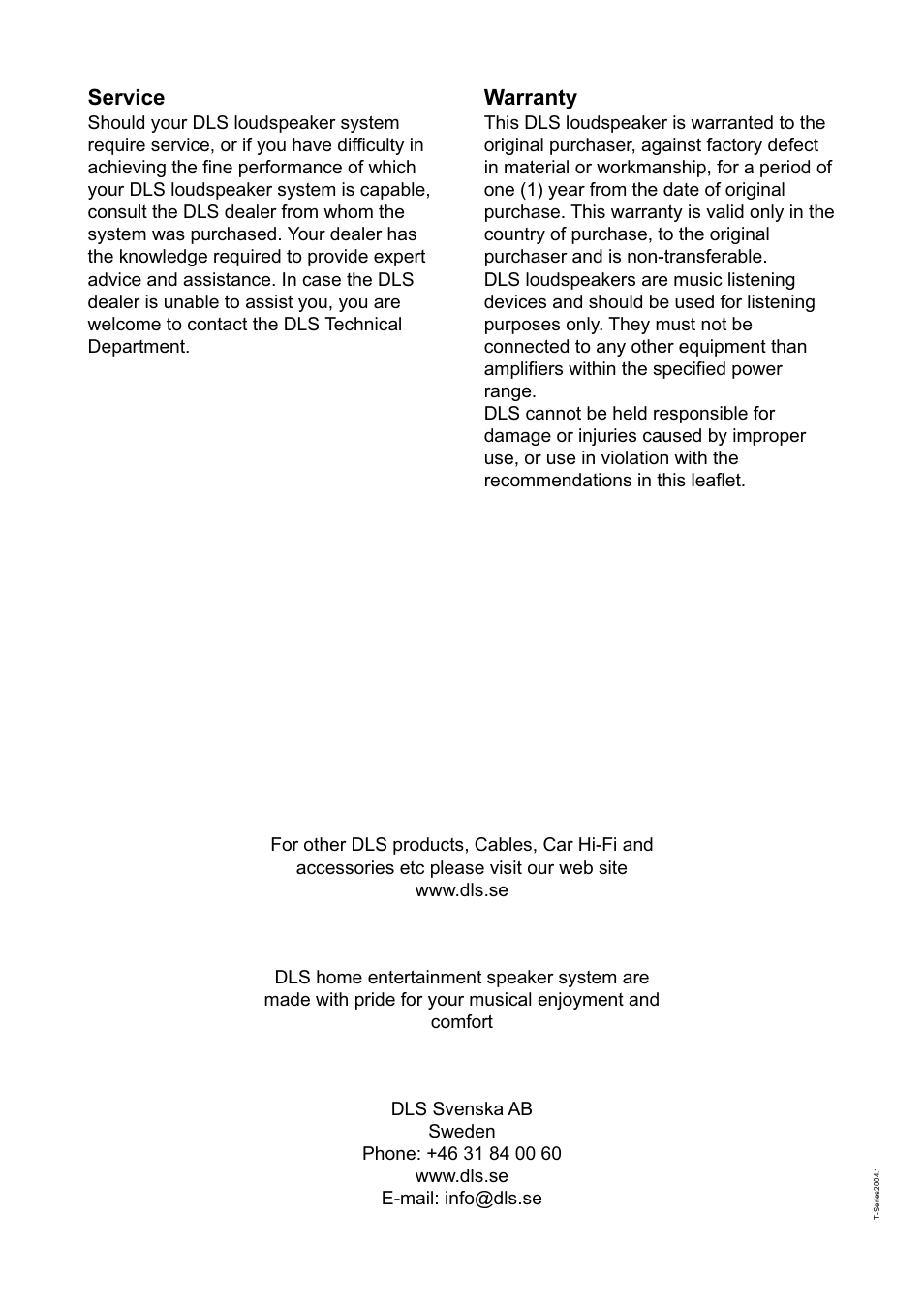 Service, Warranty | DLS Svenska AB T-Series User Manual | Page 4 / 4