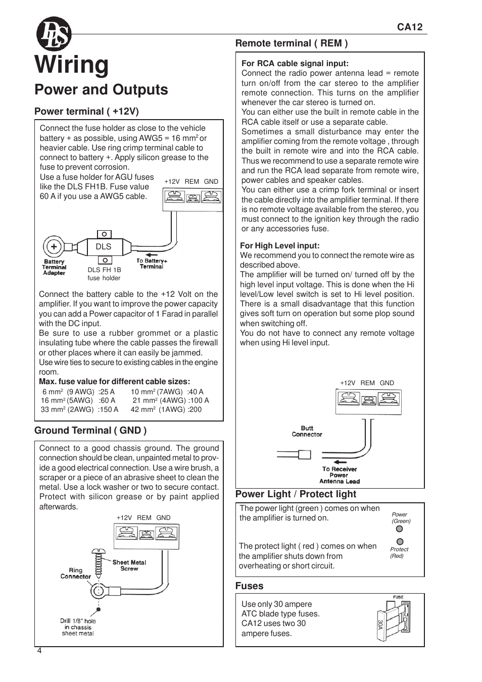 Wiring, Power and outputs, Ca12 power terminal ( +12v) | Remote terminal ( rem ), Power light / protect light, Fuses, Ground terminal ( gnd ) | DLS Svenska AB DLS CA12 User Manual | Page 4 / 8
