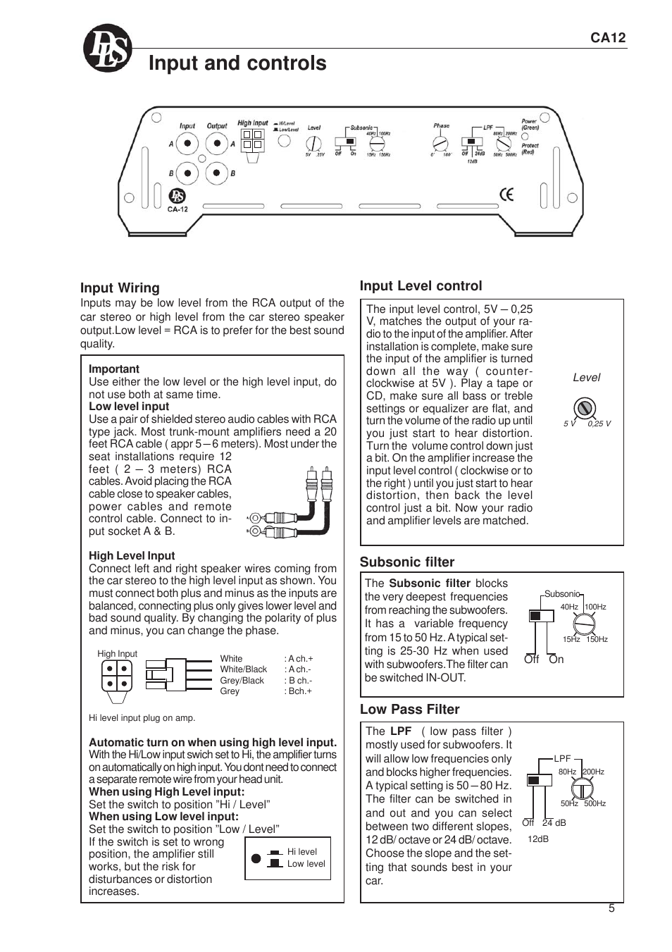 Input and controls, Input level control subsonic filter, Low pass filter | Input wiring, Ca12 | DLS Svenska AB DLS CA12 User Manual | Page 5 / 8