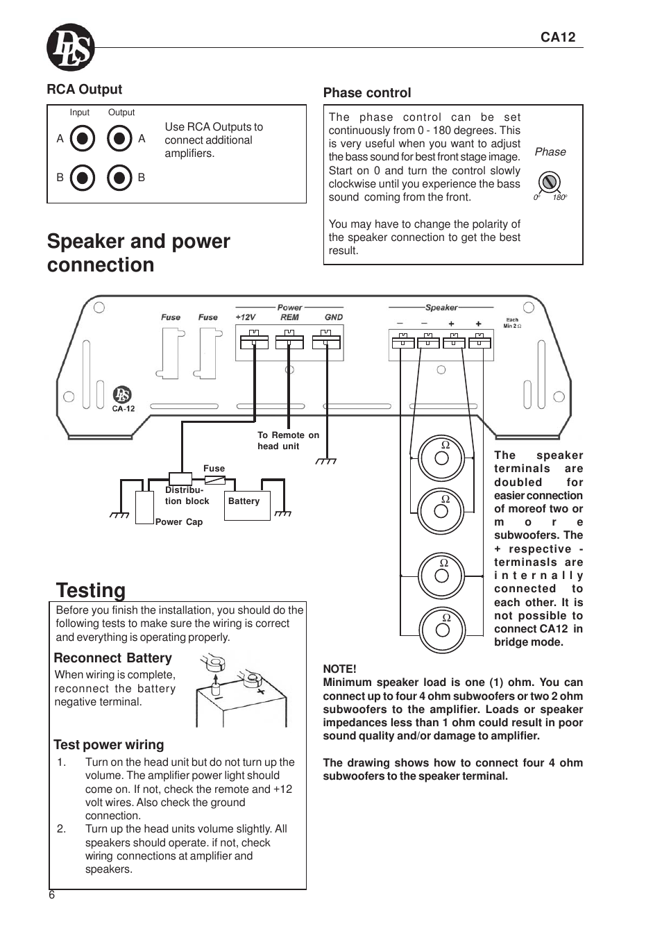 Speaker and power connection testing | DLS Svenska AB DLS CA12 User Manual | Page 6 / 8